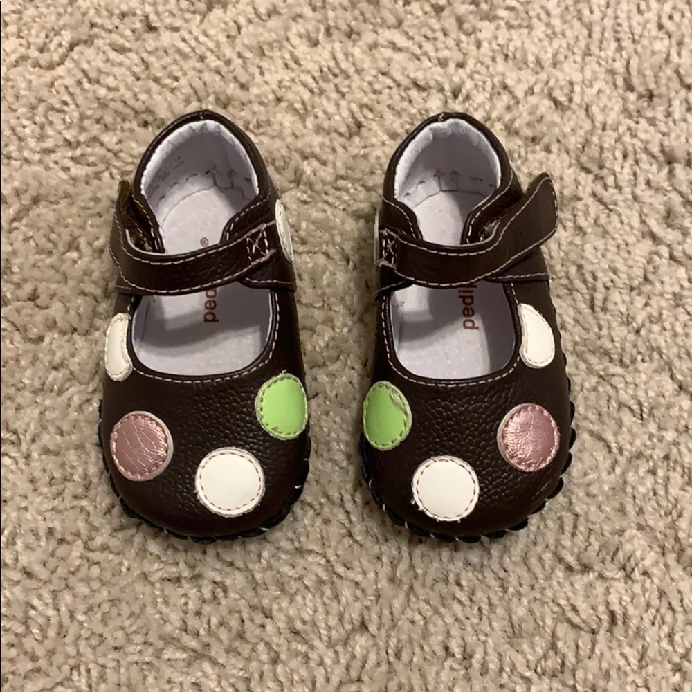 pediped Brown Mary Jane Shoes with White, Pink and Green Dots